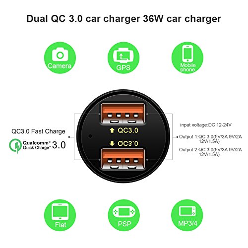 Quick Charge 3.0 Caricatore da Auto con 2 Porte 36W per Samsung Galaxy S9 S8 Plus S7 S6 Edge Huawei P9 iPhone iPad e altri