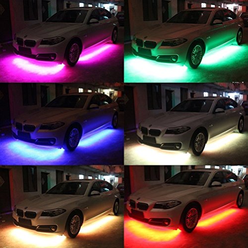 Ralbay 4pcs Car Glow Underbody System Neon Lights Kit 2*90+2*120cm with Sound Active Wireless Remote Control Flexible Underglow Strip Light