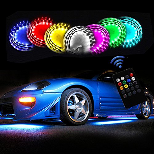 Ralbay 4pcs RGB Remote Control LED Undercar Neon Strip Light Underbody Under Car Body Light Kit, Car Chassis Atmospher Strip Light Waterproof Soft Glow Flashing Lamp For Car Decoration(60-90cm)