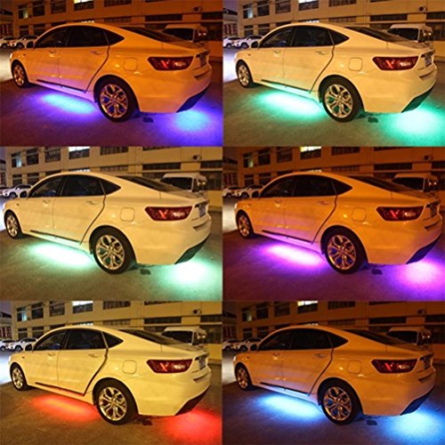 Ralbay 4pcs RGB Remote Control LED Undercar Neon Strip Light Underbody Under Car Body Light Kit, Car Chassis Atmospher Strip Light Waterproof Soft Glow Flashing Lamp For Car Decoration(60-90cm)