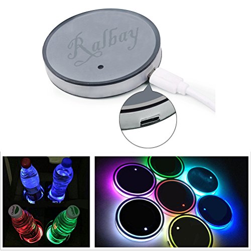 Ralbay Car Styling Cup Holder Pad LED Colour Changing Car Interior Decoration Atmosphere Lights USB Rechargeable Waterproof Drink Coaster for All Cars-Automatically Turn On at Dark 