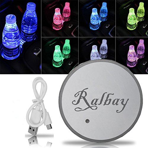 Ralbay Drink Cup Coaster Mat Pad for Car Cup Holder with Rechargeable RGB LED Atmosphere Induction Lamp Interior Decorative Light ed Sensor Light,7 Colors Automatic ON,3 Modes:Steady On/In Wave/Combination Modes (Set of 2)
