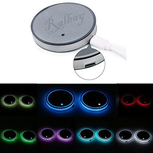Ralbay Drink Cup Coaster Mat Pad for Car Cup Holder with Rechargeable RGB LED Atmosphere Induction Lamp Interior Decorative Light ed Sensor Light,7 Colors Automatic ON,3 Modes:Steady On/In Wave/Combination Modes (Set of 2)