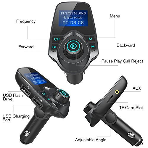 realmax® auto musica trasmettitore FM kit vivavoce per auto Bluetooth senza fili radio audio compatibile con Dual USB e universalmente compatibile con tutte le marche cellulari, lettori MP3 tablet e tutti i modelli di auto (nero)