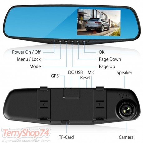 Scatola nera blackbox auto doppia fotocamera visone su speccio rerovisore, telecamera anteriore e telecamera posteriore