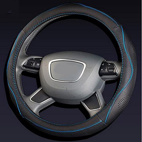 Semoss Universale Coprivolante Auto in Vera Pelle Anti Scivolo Protezione Volante Cover con Blu Line Stitch,Dimensione:37-38 cm
