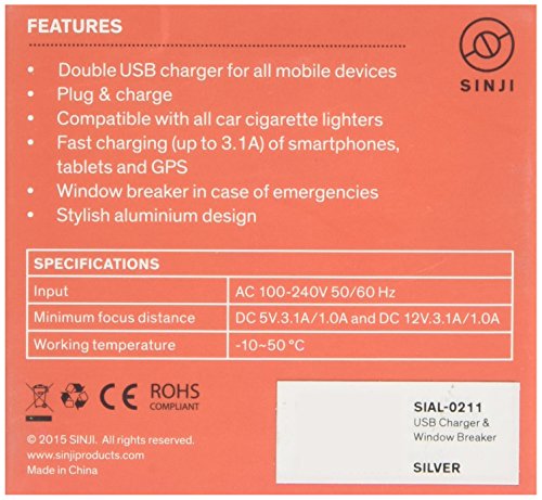SINJI 2,1 e un caricatore da auto, 2 porte USB con finestrini di sicurezza con interruttore, in vetro, colore: argento