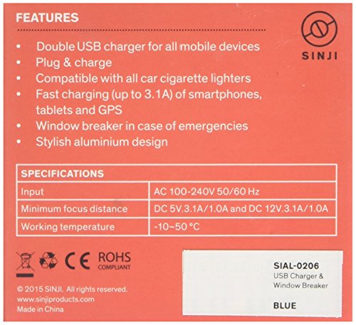 SINJI 2,1 e un caricatore da auto, 2 porte USB, con interruttore di emergenza per finestra in vetro, colore: nero