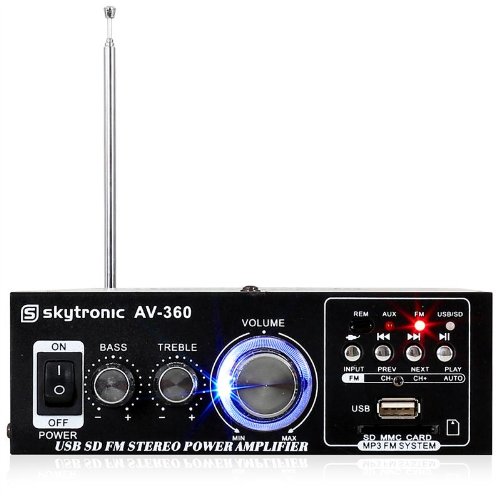 Skytronic AV-360 Amplificatore audio finale di potenza Hi-Fi (2 x 40 Watt, ingressi USB SD MP3, Radio FM, AUX)