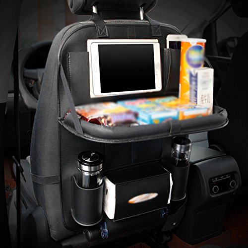 SPLHMILY Organizzatore posteriore auto con tavolo, nera PU pelle Organizzatore per Seggiolini Auto pieghevole multi-tasche da tavolo da viaggio per auto, borsa per iPad, telefono, bottiglia, tessuto e ombrello