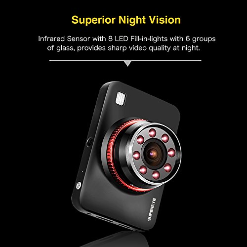 SuperEye Dash Cam Telecamera per Auto Full HD 1080P con Infrarossi Visione Notturna, 2,7 Pollici HD Display, Grandangolare di 170°, Rilevatore di Movimento Registrazione in Loop G-Sensor