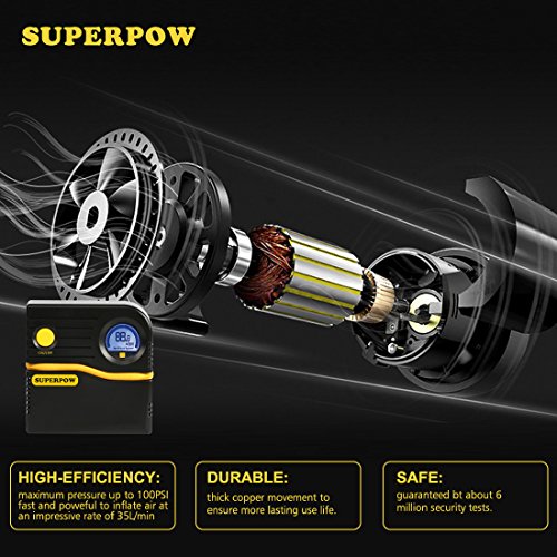 SUPERPOW Compressore Per Auto con Manometro Digitale Compressore Auto di Schermo LCD, Pompa Gonfiabile Portatile con Cavo di 3m, 4 Minuti di Riempimento del Pneumatico / DC-12V