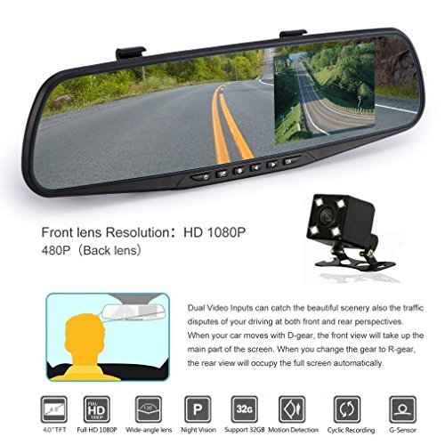 SYIN Dual Lens Car Camera, Dash Cam Mirror Retroview, registratore di guida auto 1080P con sensore G, registrazione a ciclo, modalità di parcheggio, rilevazione di movimento, caricabatterie per auto con una porta USB