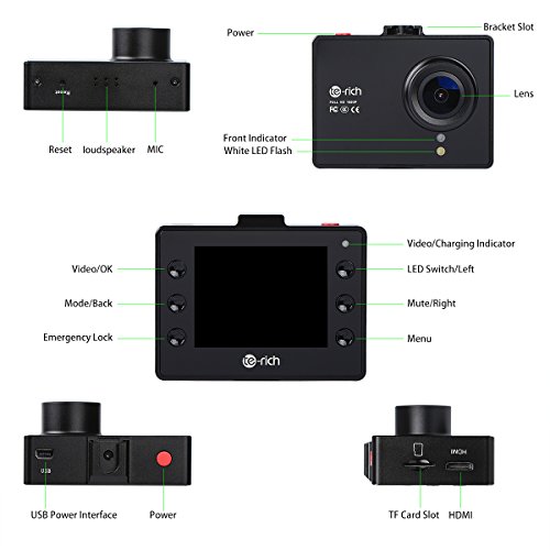 Te-Rich, Dash Cam Full HD 1080p, per auto, da cruscotto, macchina fotografica, videoregistratore della guida con WDR, registrazione continua, lente grandangolare a 170 gradi 6 G, monitor per il parcheggio, G-Sensor, rilevazione di movimento, visione notturna