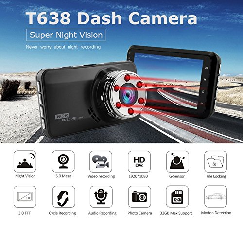 Telecamera per auto cruscotto Full 1080p 7,6 cm schermo HD Dash Cam 170 gradi super grandangolo fotocamera registratore supporto G-Sensor, rilevazione di movimento modalità parcheggio visione notturna