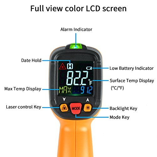 Termometro Laser Janisa AD6530B Infrarosso Pistola Termometro digitale Temperatura Raggio da -50 °C a 800 °C con LCD display a Colori Retroilluminato Funzione Allarme Batteria Inclusa