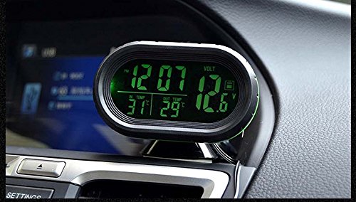 Termometro Sensore Voltmetro Orologio per Auto Multifunzione, Portatile Automotive Sveglia Elettronica, LED Digitale Controluce Luminoso Orologio con 2 Batterie a Bottone Automobile Universale 12V / 2 (verde)