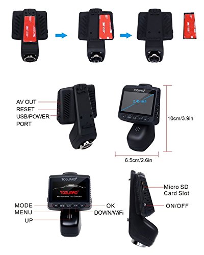 TOGUARD Telecamera per Auto GPS WiFi, Auto Dash Cam, Full HD 1080P 2,45 Pollici LCD Dash Cam con Obiettivo Regolabile Grandangolo di 170°, G-Sensor - Con Un Caricabatterie d