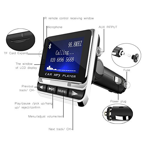 Trasmettitore Bluetooth FM, Tinzzi Vivavoce Bluetooth Radio Adattatore da Auto Kit con Carta TF, Caricatore USB e Telecomando per Smartphone / Tablet / Unità GPS / Lettori iPod / MP3 e Altro Ancora.