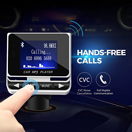 Trasmettitore Bluetooth FM, Tinzzi Vivavoce Bluetooth Radio Adattatore da Auto Kit con Carta TF, Caricatore USB e Telecomando per Smartphone / Tablet / Unità GPS / Lettori iPod / MP3 e Altro Ancora.