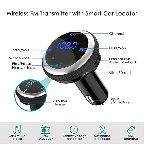 Trasmettitore FM Bluetooth 4.2, CHGeek Adattatore per Auto Wireless con Localizzatore GPS, 5V 2.1A Caricabatterie Dual USB per Xiaomi, Samsung Galaxy, Huawei, iPhone, Moto, Android, GPS, Dashcam - Argento