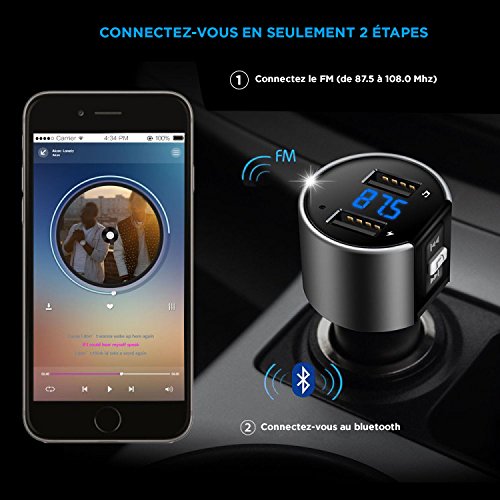 Trasmettitore FM Bluetooth – Adattatore radio trasmettitore wireless di auto – assume le funzioni di lettore MP3 e kit vivavoce per auto con doppio porte USB – Porta U-disk per iPhone