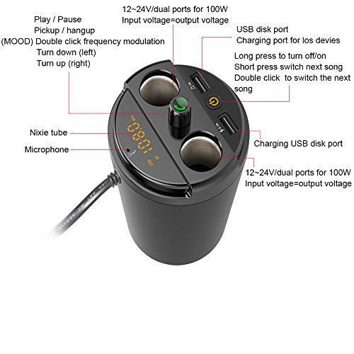 Trasmettitore FM Bluetooth caricabatteria per auto Cup by Limosi, 12 V/24 V multi-funzione veicolo alimentatore con doppia porta USB + 2 accendisigari per iPhone, iPad, Android Samsung ecc (nero/argento)