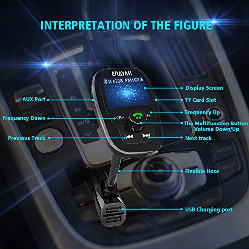 Trasmettitore FM ERAYAK per Auto Bluetooth con Caricabatteria USB Lettore Supporta Musica nei Formati MP3 WMA su TF Scheda