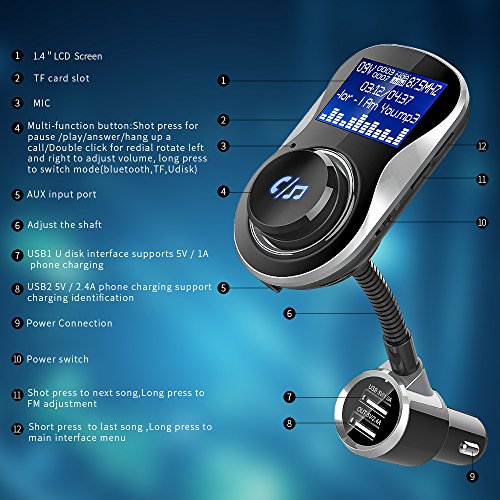 Trasmettitore FM wireless Bluetooth ricevitore 1617 EU Music sintonizzatore radio ricevitore compatibile con Dual USB caricabatteria da auto kit vivavoce AUX device TF Card slot 3,6 cm