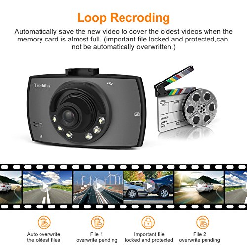 Trochilus Dash Cam, schermo 6,1 cm, Full HD 720p con luci di visione notturna a infrarossi, 120 ° obiettivo grandangolare telecamera auto registratore di guida, registrazione in loop 8 GB Micro SD Card inclusa