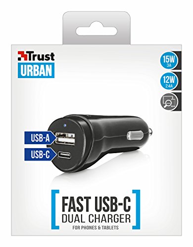 Trust Caricabatteria per Smartphones e Tablets da Auto con Porta USB-C e USB-A, Nero