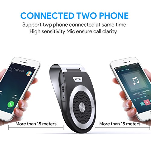 Vivavoce Bluetooth 4.1 da Auto con Controllo Vocale, Car Bluetooth per Speaker, Kit Vivavoce Bluetooth per Smartphone connettere due dispositivi di smartphone contemporaneamente Funziona con i GPS, Musica, Wireless Viva voce per iPhone, Samsung - Nero