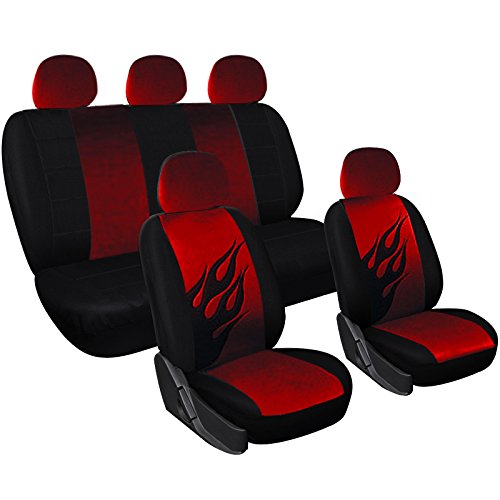 WOLTU 7223 Set Completo di Coprisedili Auto Seat Cover Universali Protezione per Sedile di Poliestere con Ricamo Fiamma Nero+Rosso