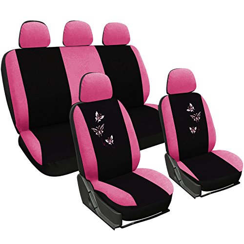 WOLTU AS7247 Set Completo di Coprisedili Auto Seat Cover Macchina Universali Protezione per Sedile di Poliestere con Ricamo Farfalle Nero+Rosa