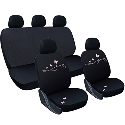 WOLTU AS7304 Set Completo di Coprisedili per Auto Macchina Seat Cover Universali Protezione per Sedile di Poliestere con Ricamo Farfalle Nero