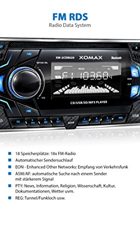 XOMAX XM-2CDB620 Autoradio con lettore CD + Bluetooth Vivavoce + 3 colori impostabili per l’illuminazione (rosso, blu, verde) + Porta USB (fino 128 GB) & Slot Micro SD (fino 128 GB) per MP3 e WMA + AUX-IN + 2x Uscita subwoofer + Dimensioni standard doppio DIN / 2 DIN + Telecomando e cornice metallica esterna inclusi