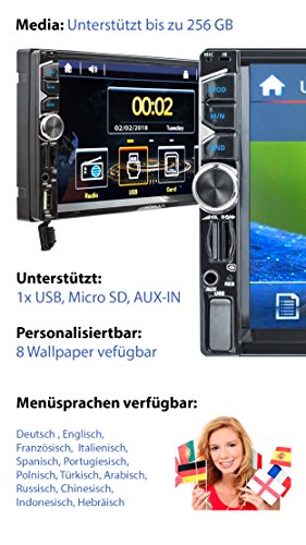 XOMAX XM-2V717 Autoradio I Moniceiver I Touch screen da 18 cm / 7" I File audio e video: MP3, WMA, MPEG, JPG, ecc.I Funzione senza fili Bluetooth I Mirroring dello schermo I USB I SD I AUX I 2 DIN
