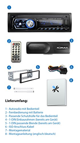 XOMAX XM-RSU258BT Autoradio nessun lettore CD + Bluetooth Vivavoce + 7 colori impostabili per l’illuminazione (rosso, blu, verde...) + Porta USB (fino 128 GB) & Slot SD (fino 128 GB) per MP3 e WMA + AUX-IN + Protezione antifurto: Il frontalino è estraibile + Dimensioni standard singolo-DIN / 1-DIN + Telecomando, custodia protettiva e cornice metallica esterna inclusi