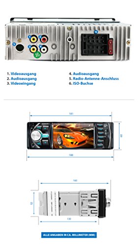 XOMAX XM-VRSU414BT Autoradio / Moniceiver + Screen da 10 cm / 4" HD + File audio e video: MP3 (inclusi tag ID3), WMA, MPEG4, AVI, ecc. + Funzione senza fili Bluetooth e riproduzione musicale tramite A2DP + 7 colore di illuminazione + Senza lettore CD + AUX IN + Porta USB (128 GB!) + Slot per schede Micro SD (128 GB!) + Dimensioni singolo DIN (1DIN) + Mascherina e placia inclusi