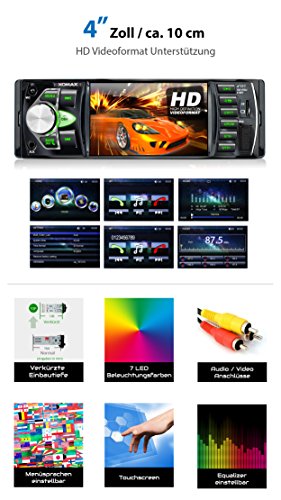 XOMAX XM-VRSU415BT Autoradio / Moniceiver + Screen da 10 cm / 4" HD + File audio e video: MP3 (inclusi tag ID3), WMA, MPEG4, AVI, ecc. + Funzione senza fili Bluetooth e riproduzione musicale tramite A2DP + 7 colore di illuminazione + Senza lettore CD + AUX IN + Porta USB (128 GB!) + Slot per schede Micro SD (128 GB!) + Dimensioni singolo DIN (1DIN) + Mascherina e placia inclusi