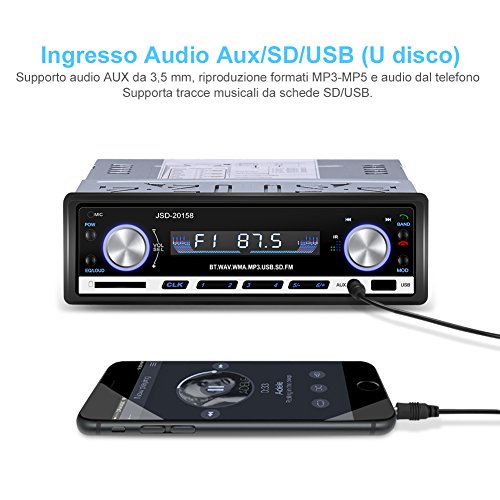 YOHOOLYO Autoradio Bluetooth Auto Stereo Audio Ricevitore In-Dash Radio FM MP3 Player Aux SD Card USB con Telecomando