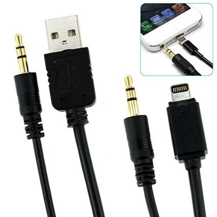 Zactech BMW Mini Cooper Car Y Cable USB to Lightning AUX Audio Charging Cable Adapter with 3.5MM for iPod iPhone iPad